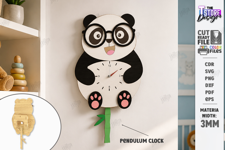 Wooden Panda Pendulum Wall Clock Laser Cut | Kids Laser