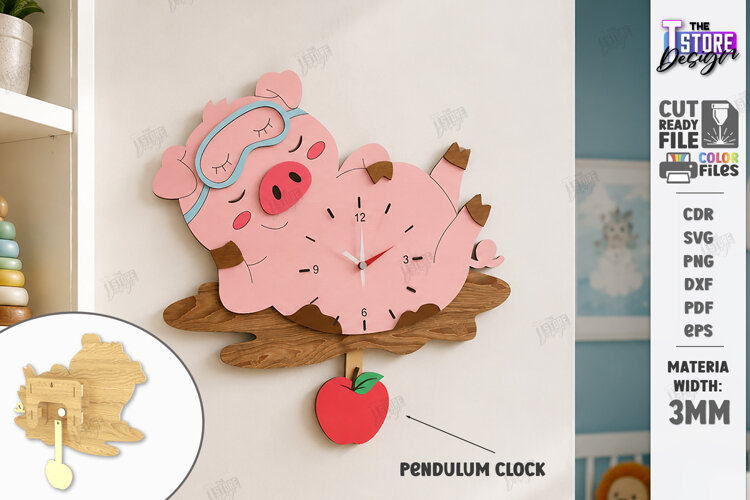 Wooden Pig Pendulum Wall Clock Laser Cut | Kids Laser | CNC example image 1