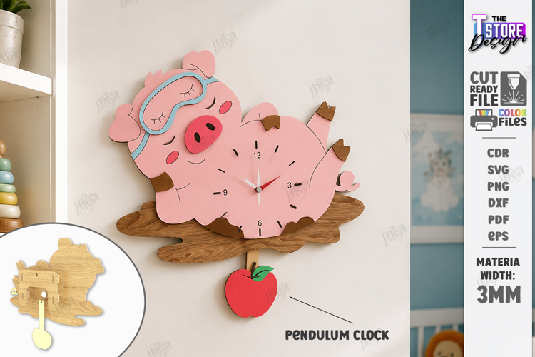 Wooden Pig Pendulum Wall Clock Laser Cut | Kids Laser | CNC