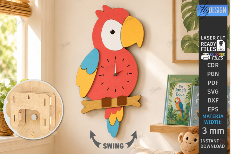 Pendulum Wall Clock Laser Cut | 3D Layered Clock | Parrot