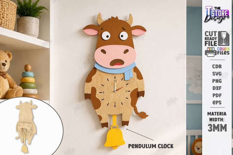 Wooden Cow Pendulum Wall Clock Laser Cut | Kids Laser | CNC