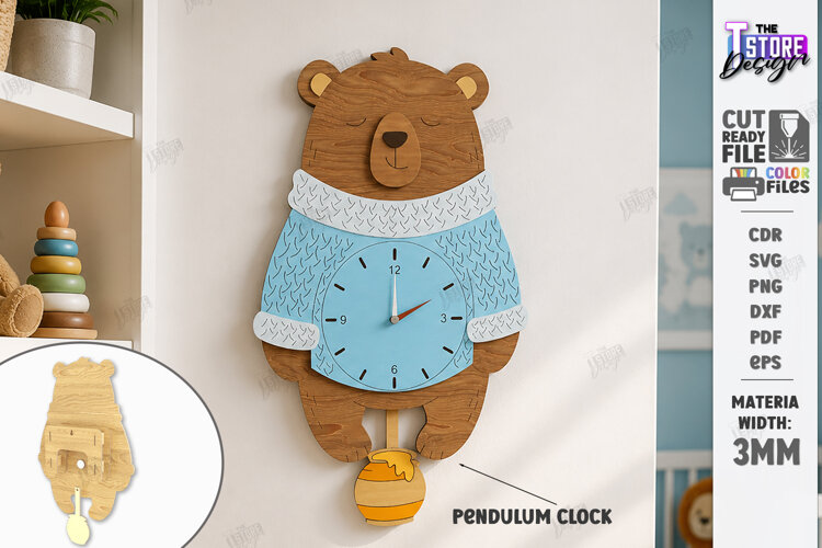 Wooden Bear Pendulum Wall Clock Laser Cut | Kids Laser | CNC example image 1