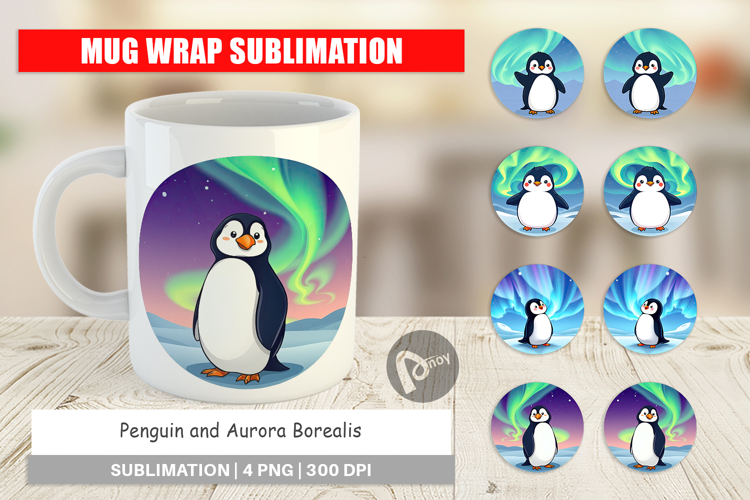 Mug Wrap Penguin and Aurora Borealis