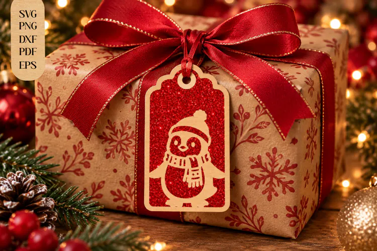 Penguin Christmas Gift Tag Laser Cut SVG