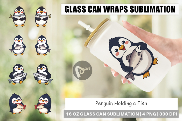 Glass Can Penguin Holding a Fish