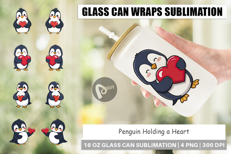 Glass Can Penguin Holding a Heart