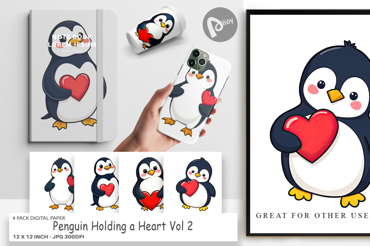 Digital Paper Penguin Holding a Heart