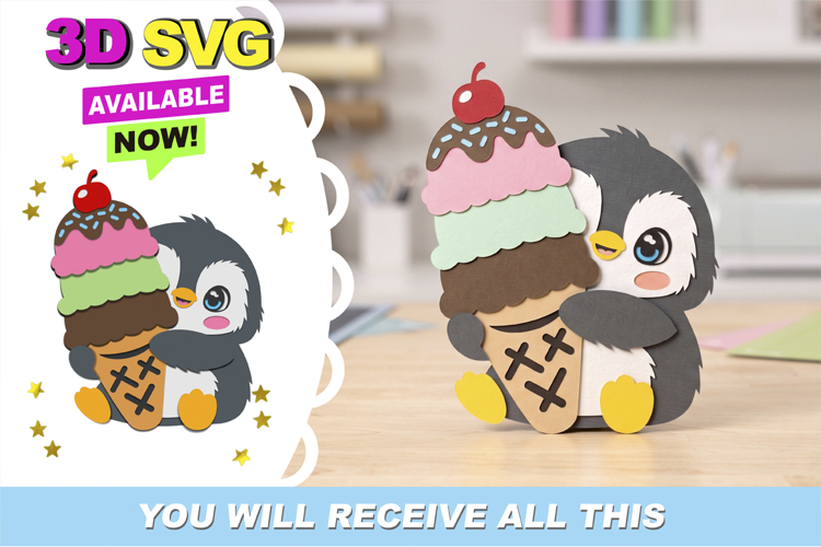 Cute Penguin Ice Cream Kawaii 3D SVG example image 1