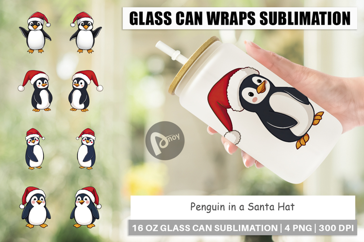 Glass Can Penguin in a Santa Hat