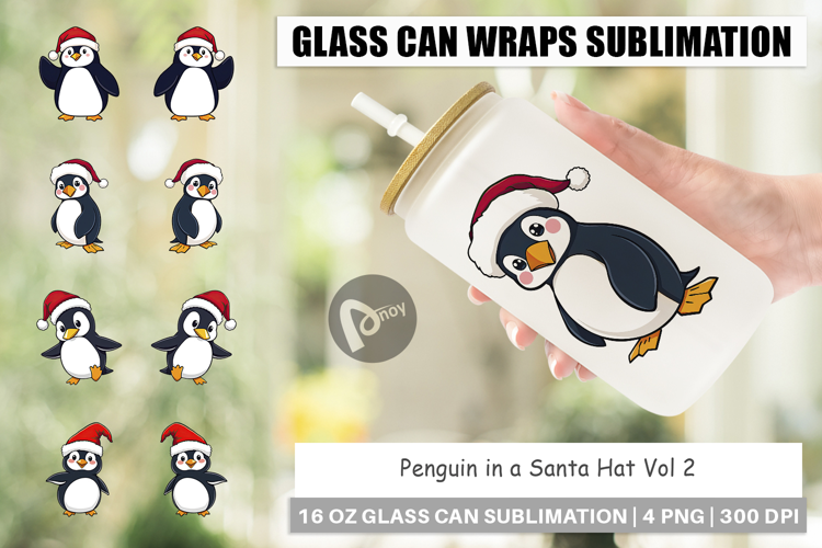 Glass Can Penguin in a Santa Hat