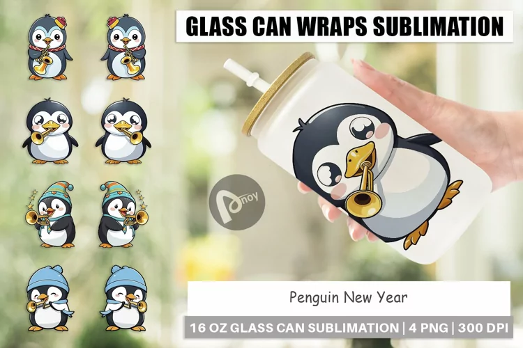Glass Can Wraps Penguin New Year