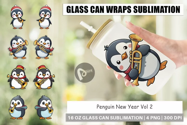 Glass Can Wraps Penguin New Year
