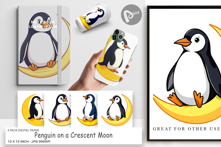 Digital Paper Penguin on a Crescent Moon