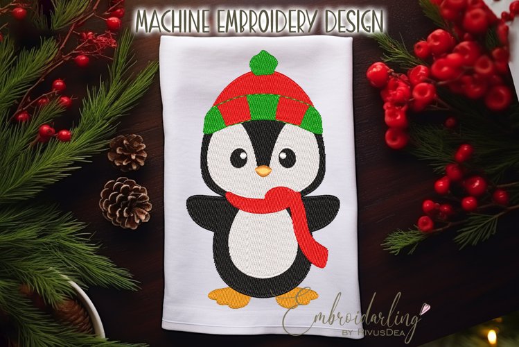 Christmas penguin embroidery design, Retro Christmas example image 1