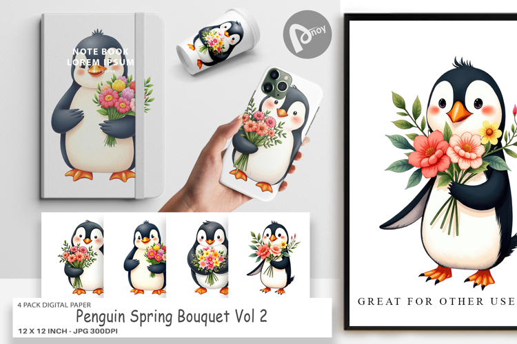Digital Paper Penguin Spring Bouquet