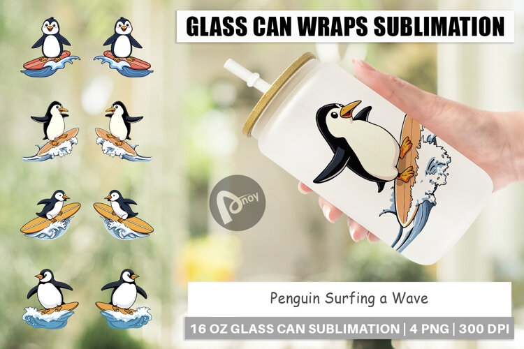 Glass Can Penguin Surfing a Wave example image 1