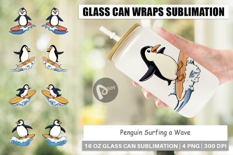 Glass Can Penguin Surfing a Wave