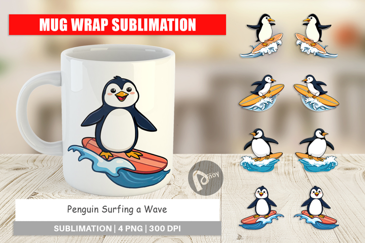 Mug Wrap Penguin Surfing a Wave