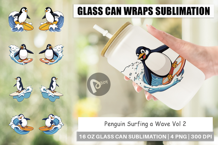Glass Can Penguin Surfing a Wave