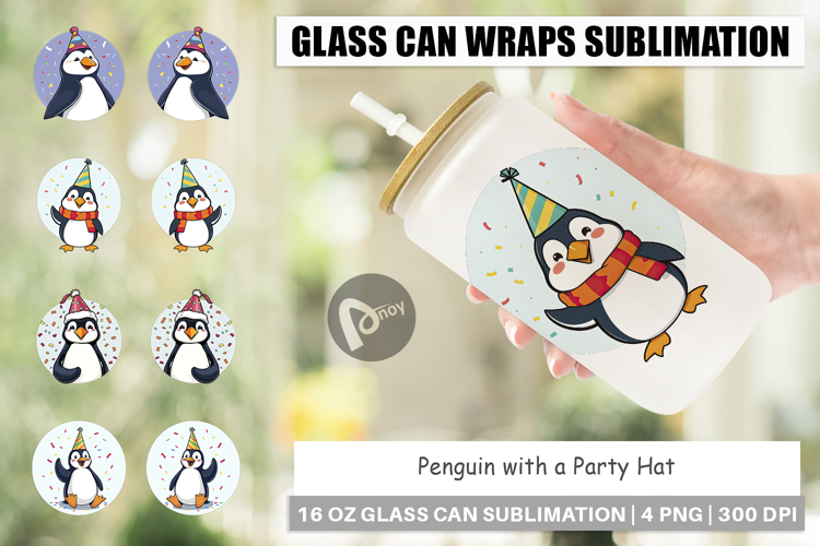 Glass Can Penguin with a Party Hat