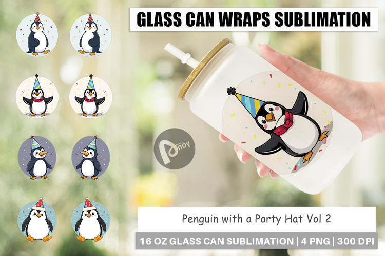 Glass Can Penguin with a Party Hat