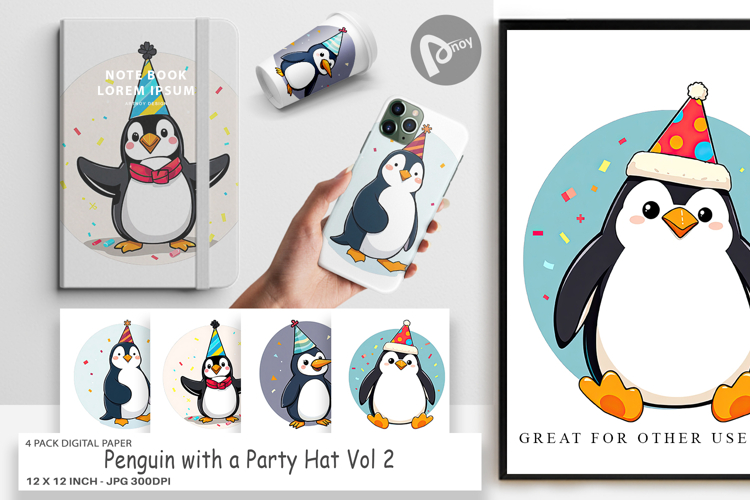 Digital Paper Penguin with a Party Hat