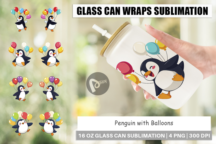 Glass Can Penguin with Balloons