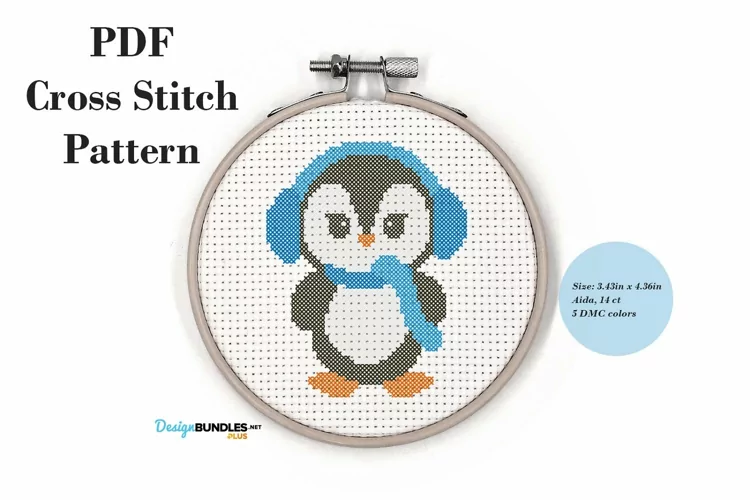 Penguin With Headphones Cross Stitch Pattern PDF File | Animal Cross Stitch Patterns