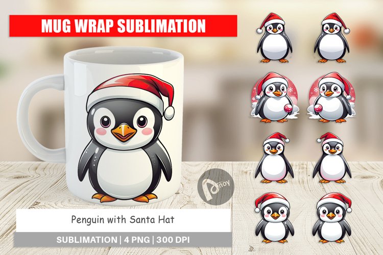 Mug Wrap Design Penguin with Santa Hat example image 1