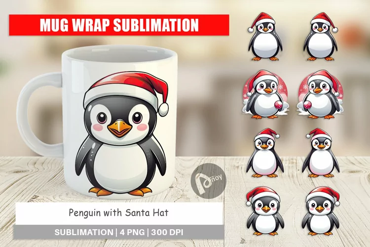 Mug Wrap Design Penguin with Santa Hat
