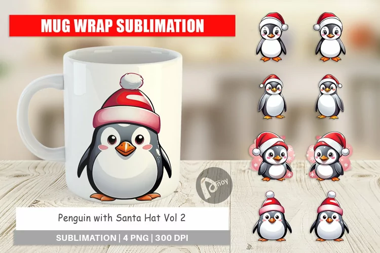 Mug Wrap Design Penguin with Santa Hat