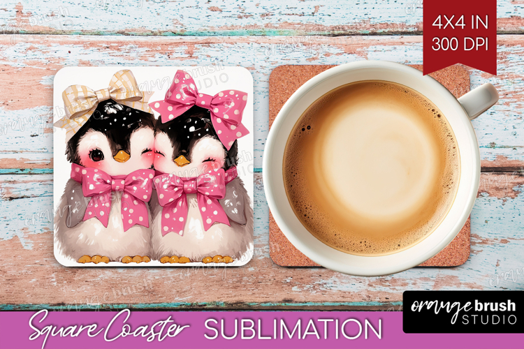 Penguins Valentine Square Coaster Cute Valentines Day PNG