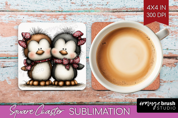 Penguins Valentine Square Coaster Whimsical Animal Coaster