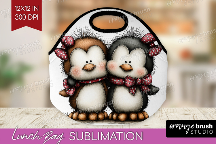 Penguins Valentine Lunch Bag Whimsical Animal Lunch Bug PNG