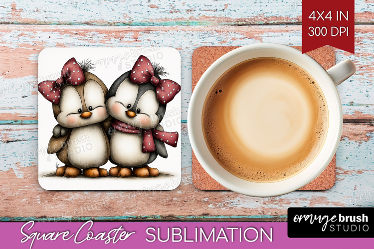 Penguins Valentine Square Coaster Whimsical Animal Coaster