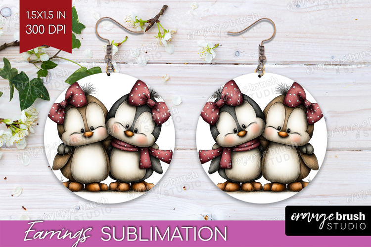 Penguins Valentine Round Earrings Whimsical Animal PNG