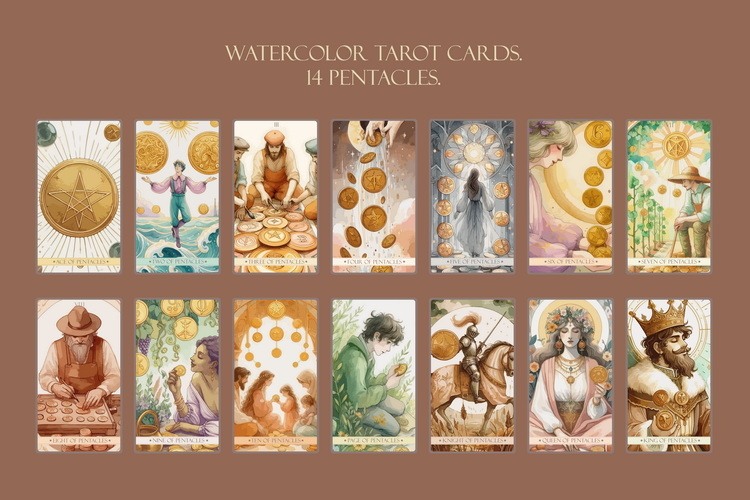 Watercolor 14 Tarot Card of Pentacles Minor Arcana Bundle