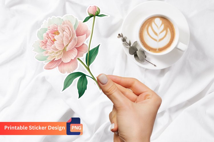 Peony flower sticker, Floral sticker, Peony blossom sticker