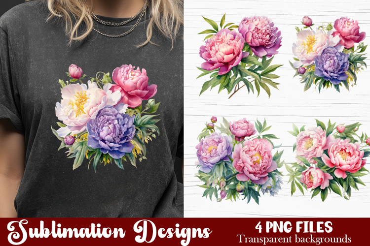 Watercolor Pink Peonies Flowers Clipart example image 1