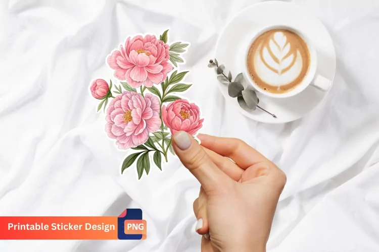 Peonies Sticker, Printable Pink Flowers Sticker