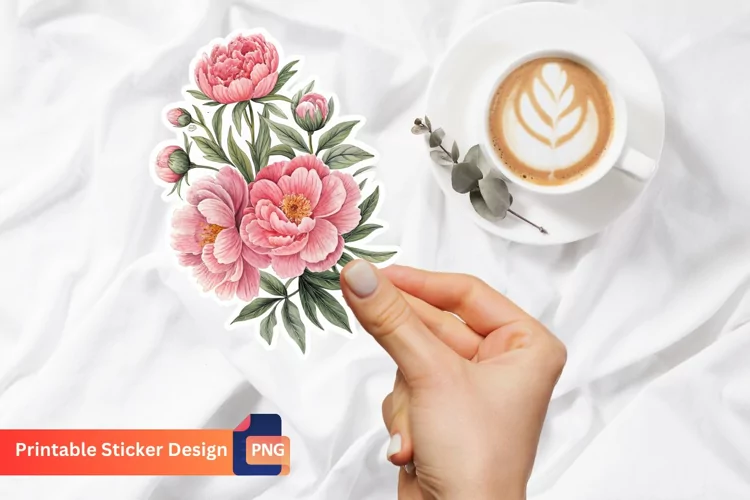 Peonies Sticker, Printable Pink Flowers Sticker