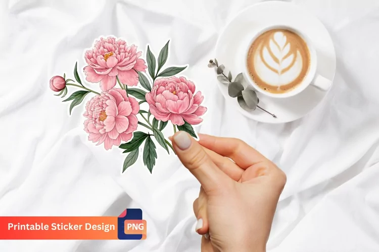 Peonies Sticker, Printable Pink Flowers Sticker