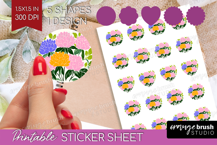 Peony Modern Floral Round Sticker Sping Flower Printable