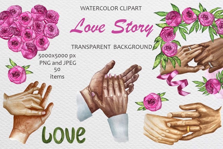 Watercolor Peonies and Hands Clipart