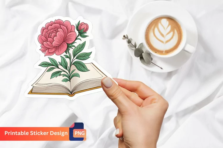 Peony And Book Sticker, Floral Sticker, Vintage Sticker