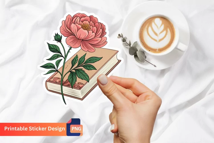 Peony And Book Sticker, Floral Sticker, Vintage Sticker
