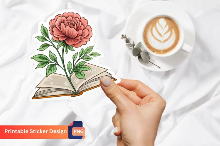 Peony And Book Sticker, Floral Sticker, Vintage Sticker