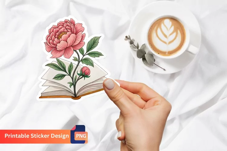 Peony And Book Sticker, Floral Sticker, Vintage Sticker