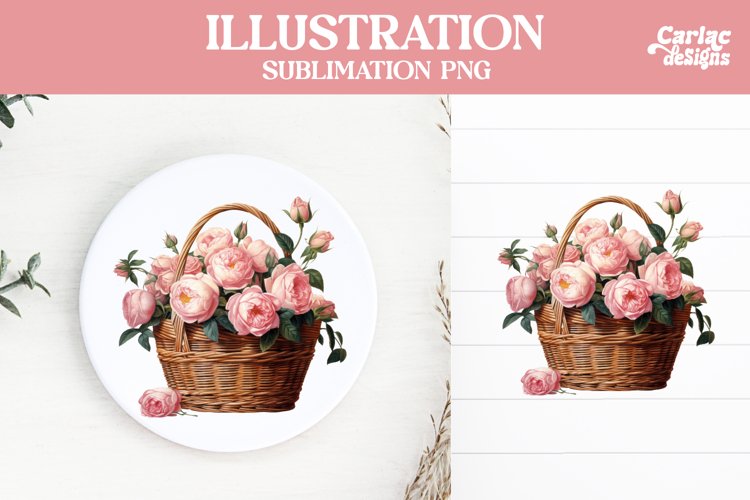 Peony Basket Sublimation Design, Clipart PNG