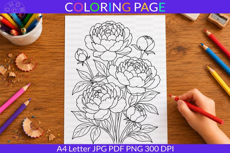 Peony coloring page A4 Letter JPG PDF PNG example image 1